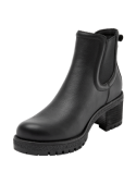 Botín negro de mujer estilo Chelsea con paneles elásticos, ideal para moda urbana y comodidad diaria en clima fresco.