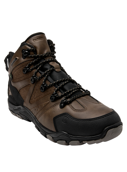 Calzado outdoor marrón masculino con refuerzos en punta y talón, ofreciendo protección adicional en caminatas.