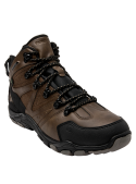 Calzado outdoor marrón masculino con refuerzos en punta y talón, ofreciendo protección adicional en caminatas.