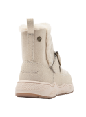 Bota beige para niña, estilo casual, con borde de pelaje y correa con hebilla en empeine, ideal para días fríos.