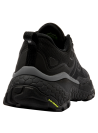 Zapatilla de mujer negra para trail running, con líneas geométricas y cordones integrados, adecuada para salidas informales.