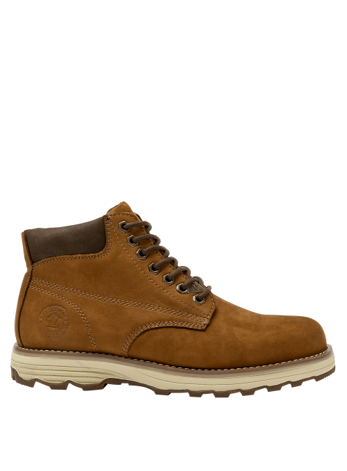 Botín camel de cuero gamuzado, estilo utilitario, suela con patrón de tracción, perfecto para un look urbano y práctico.
