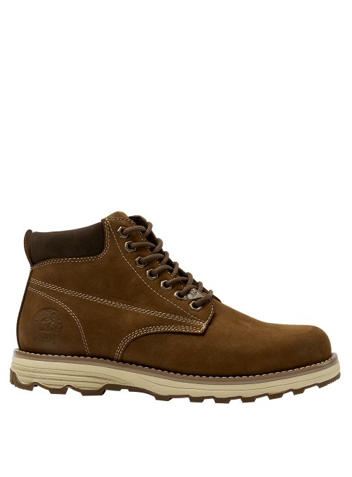 Botín de cuero gamuzado café, sistema de amarre con pasadores metálicos, ideal para un look urbano y práctico.