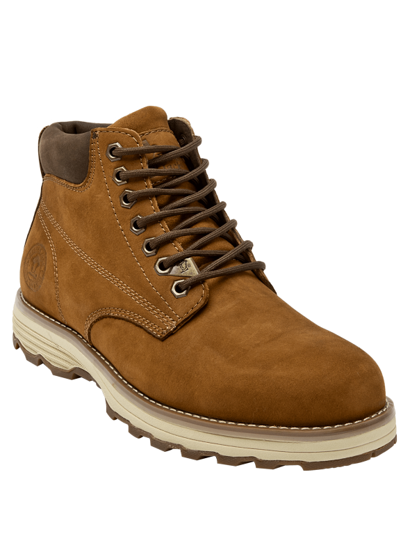 Botín camel de cuero gamuzado, estilo utilitario, suela con patrón de tracción, perfecto para un look urbano y práctico.