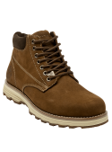 Botín de cuero gamuzado café, sistema de amarre con pasadores metálicos, ideal para un look urbano y práctico.