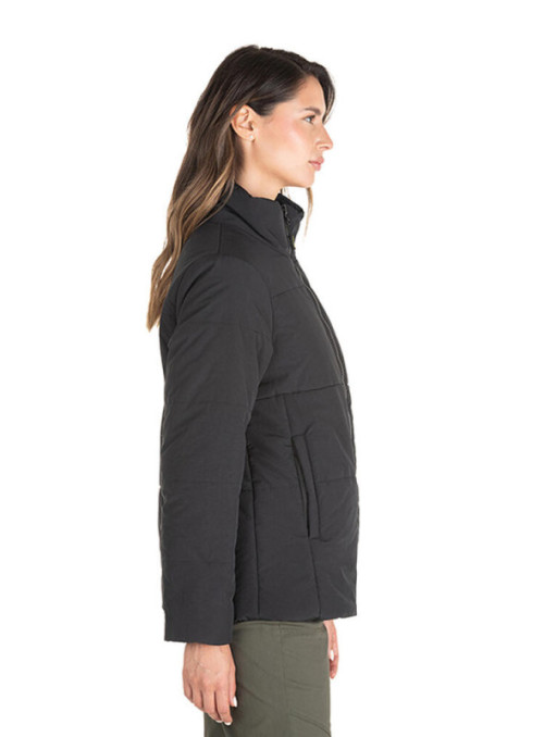 Parka mujer negra casual, 100% nylon reciclado, ideal para actividades de invierno.
