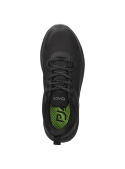 Zapatilla de trail running negra para mujer, detalles geométricos y diseño sin costuras, apariencia aerodinámica.