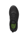 Zapatilla de trail running negra para mujer, detalles geométricos y diseño sin costuras, apariencia aerodinámica.