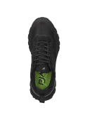 Calzado femenino de trail running en negro, con materiales sintéticos y textiles, perfecto para un look casual y cómodo.