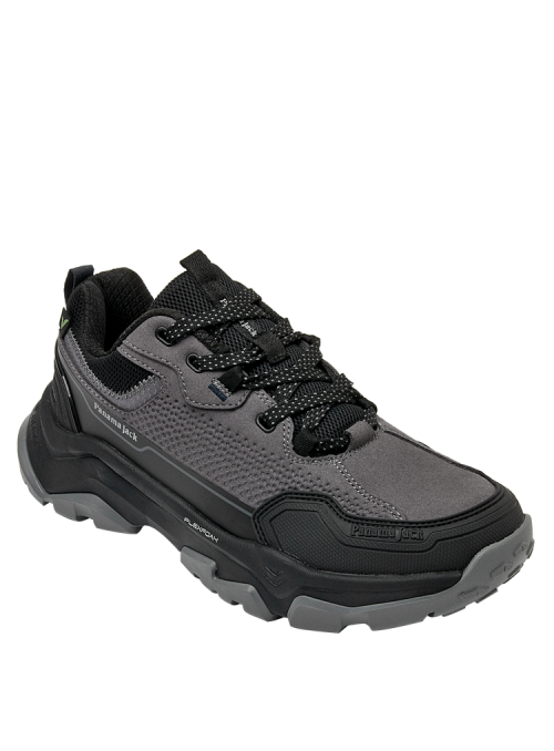 Zapatilla gris masculina con taco plano de 5 cm, suela de gran agarre, ideal para actividades al aire libre.