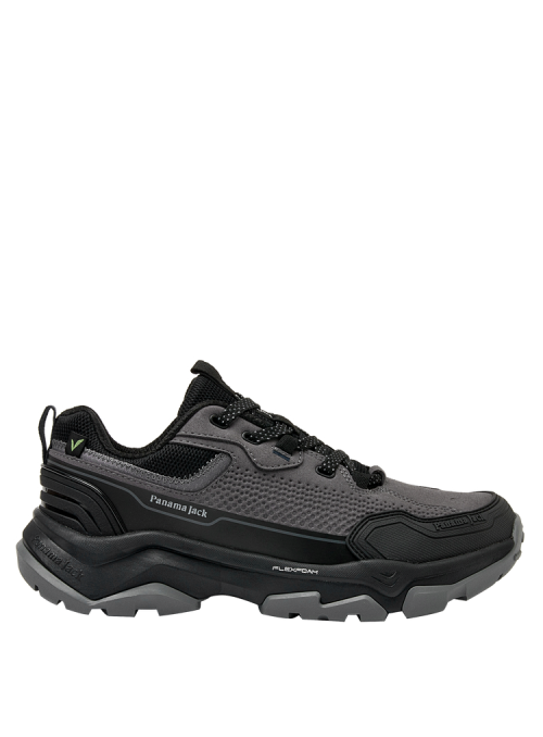 Zapatilla gris masculina con taco plano de 5 cm, suela de gran agarre, ideal para actividades al aire libre.