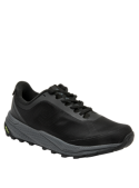 Zapatilla negra femenina con suela de agarre, material sintético y textil, cómoda y estable.