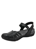 Sandalia casual de mujer en cuero negro, punta redonda y elevación cómoda para el verano.
