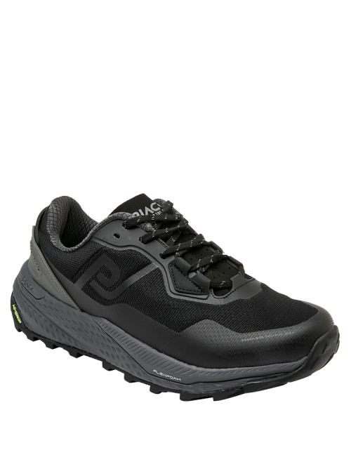 zapatilla negra de hombre estilo running con material sintético y textil, diseño moderno y resistente