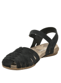 Sandalia casual negra de cuero para mujer con forro de microfibra suave y diseño confortable.