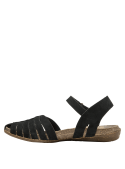 Elegante sandalia negra de cuero para mujer con suela de excelente agarre y punta redonda.