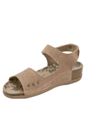 Sandalia de cuero taupe para mujer, punta abierta y suela antideslizante.