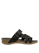 Detalle del material premium en sandalia negra de cuero para mujer.