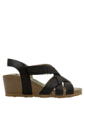 Sandalia negra de cuero para mujer, estilo casual con taco cuña de 6 cm y suela antideslizante.