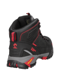 Zapato negro de seguridad para hombre con cordones contrastantes, costuras decorativas y refuerzo en la punta.