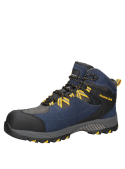 zapato de seguridad azul de cuero nobuck para hombre, con cordones reflectantes y suela resistente a hidrocarburos.
