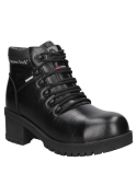 Zapato de seguridad negro para mujer, con puntera de composite y suela resistente a hidrocarburos.