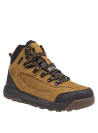 Botín camel de cuero para hombre, estilo outdoor, con puntera reforzada y sistema de amarre con pasadores metálicos.