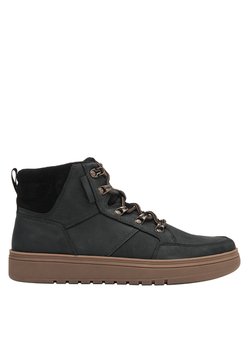 Botín negro casual para hombre, diseño robusto en cuero y textil, ideal para uso urbano y actividades al aire libre.