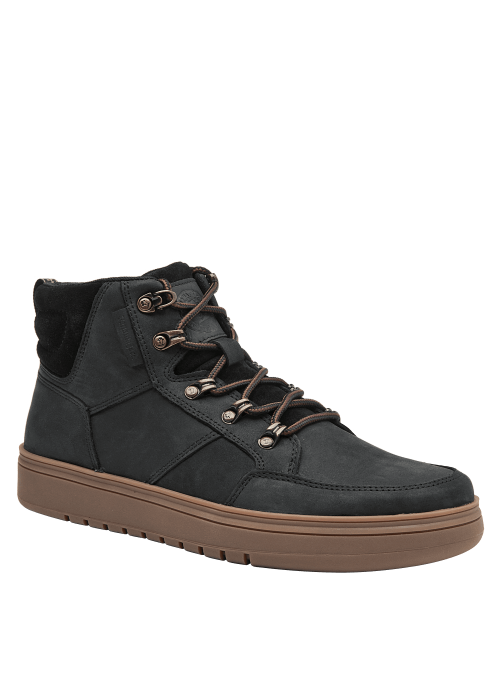 Botín negro casual para hombre, diseño robusto en cuero y textil, ideal para uso urbano y actividades al aire libre.