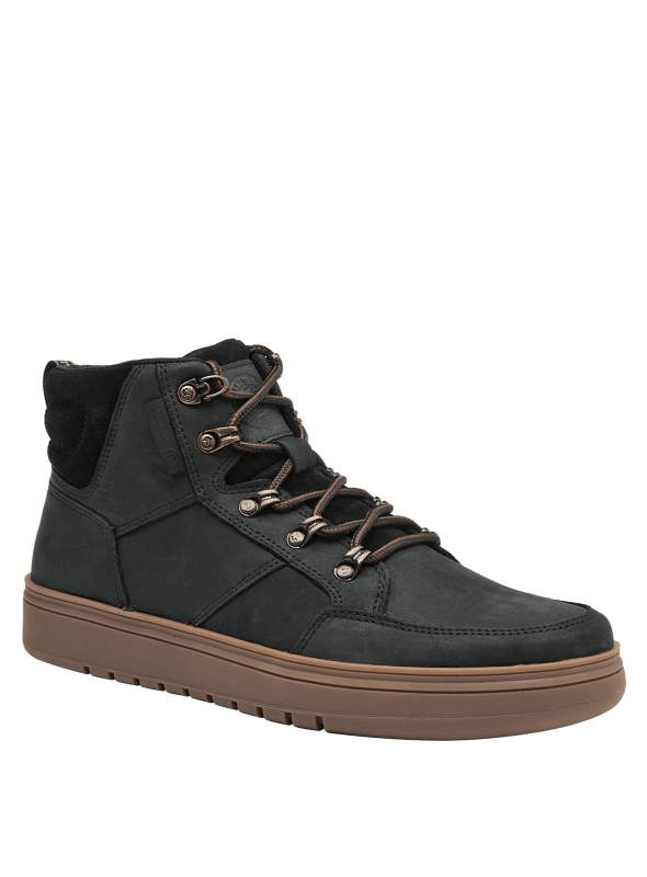 Botín negro casual para hombre, diseño robusto en cuero y textil, ideal para uso urbano y actividades al aire libre.
