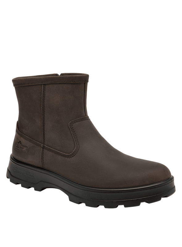 Botín casual de cuero marrón para hombre con diseño slip-on, ideal para soporte y protección del tobillo en uso diario.