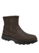 Botín casual de cuero marrón para hombre con diseño slip-on, ideal para soporte y protección del tobillo en uso diario.
