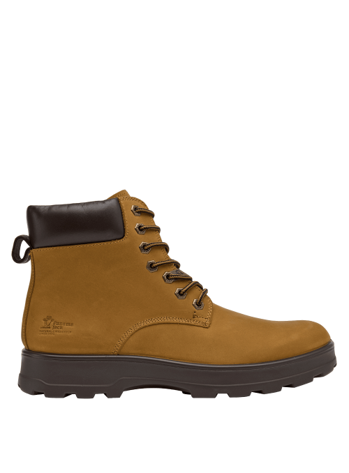 Botín de cuero camel para hombre, estilo casual, con caña media que ofrece soporte al tobillo y ajuste firme con cordones.
