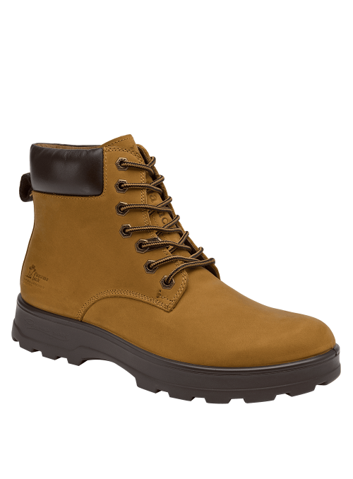 Botín de cuero camel para hombre, estilo casual, con caña media que ofrece soporte al tobillo y ajuste firme con cordones.