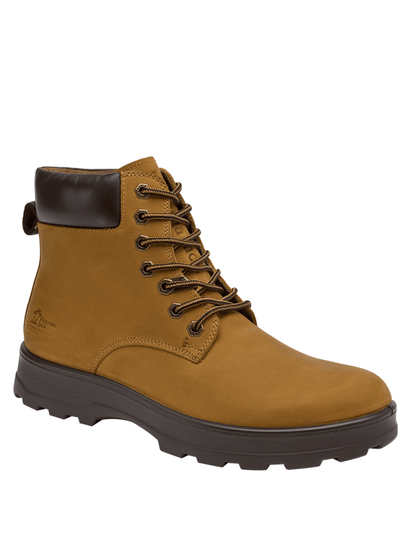Botín de cuero camel para hombre, estilo casual, con caña media que ofrece soporte al tobillo y ajuste firme con cordones.