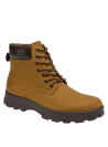 Botín de cuero camel para hombre, estilo casual, con caña media que ofrece soporte al tobillo y ajuste firme con cordones.
