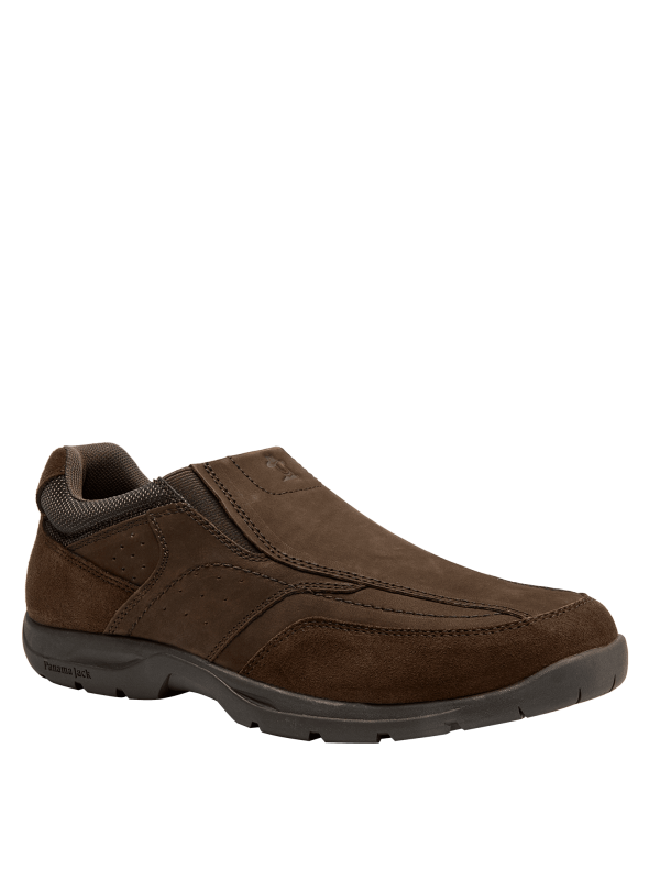 Zapato mocasín de cuero café para hombre, estilo casual, con empeine liso y costuras visibles que aportan elegancia.