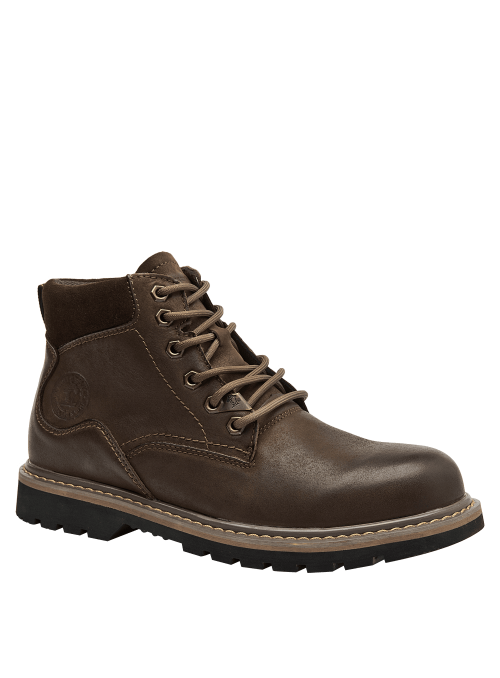 Botín casual marrón de cuero para hombre, con caña alta y cordones tradicionales, ideal para caminatas urbanas.