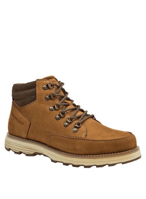 Botín café de cuero y textil para hombre, casual y robusto, ideal para actividades al aire libre.