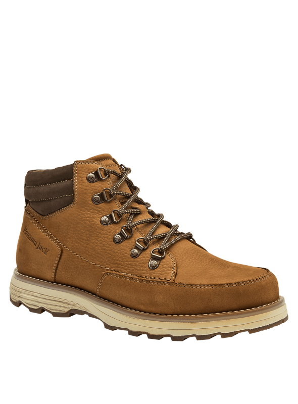 Botín café de cuero y textil para hombre, casual y robusto, ideal para actividades al aire libre.