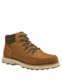 Botín café de cuero y textil para hombre, casual y robusto, ideal para actividades al aire libre.