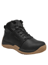 Botín negro de cuero y textil para hombre, outdoor, puntera reforzada y soporte para tobillo en terrenos difíciles.