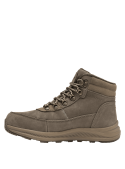 Botín de cuero taupe para mujer, ideal para exteriores, con cordones ajustables mediante ojales metálicos y ganchos.