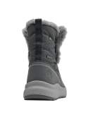 Bota azul de mujer con detalle de tela peluda en el borde superior, ideal para días lluviosos o nevados.