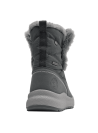 Bota azul de mujer con detalle de tela peluda en el borde superior, ideal para días lluviosos o nevados.