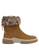 Botín camel estilo outdoor para mujer, caña media con lazo trasero y surcos en la suela que mejoran el agarre.