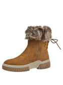 Botín camel de cuero con detalles elegantes, borde de pelo sintético y suela antideslizante, perfecto para el invierno.