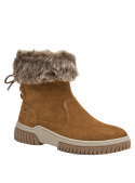 Botín camel de mujer en cuero con borde de pelo sintético, ideal para climas fríos, combina elegancia y calidez.