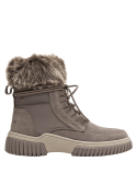 Calzado taupe de cuero para mujer, mezclando texturas con acabado similar a nobuk, ideal para un estilo robusto y funcional.
