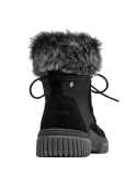 Botín negro de cuero para mujer, con detalles de pelo sintético en el forro, perfecto para climas fríos y estilo casual.